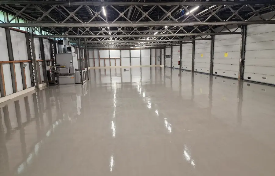 Finished resin floor across a full bay